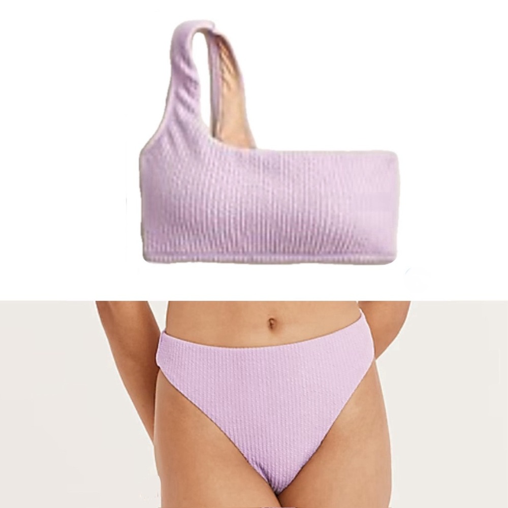 J. Crew Dusty Mauve Textured One Shoulder Top & Cheeky Bikini Bottom, Medium